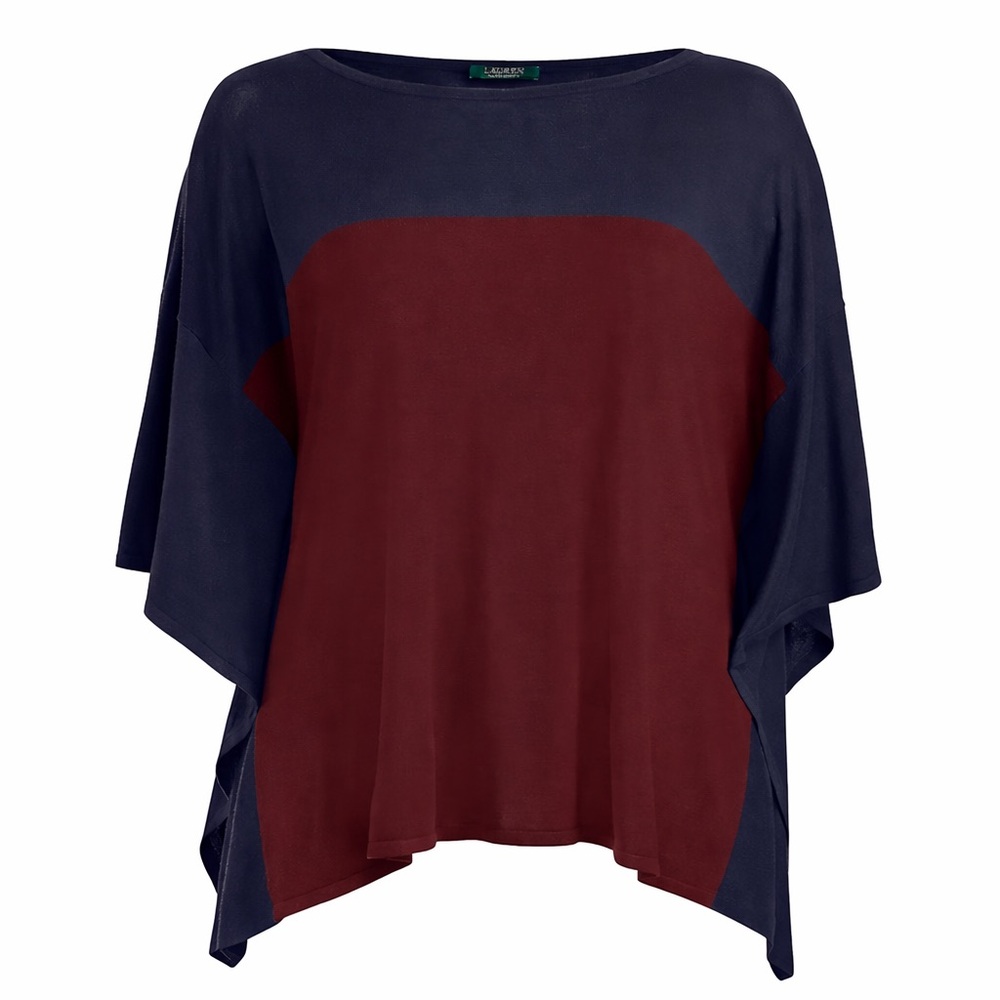 RALPH LAUREN NAVY BLUE COLORBLOCK SILK BLEND PONCHO SWEATER SIZE L/XL
